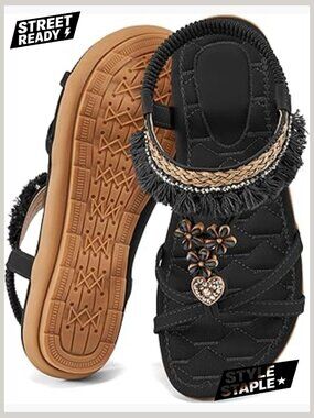 Bohemian Beaded Tassel Flat Sandals with Elastic Ankle Strap